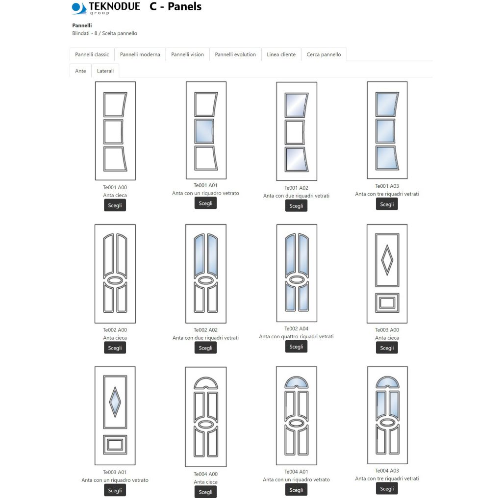 La scelta dei pannelli nella web app C-Panels