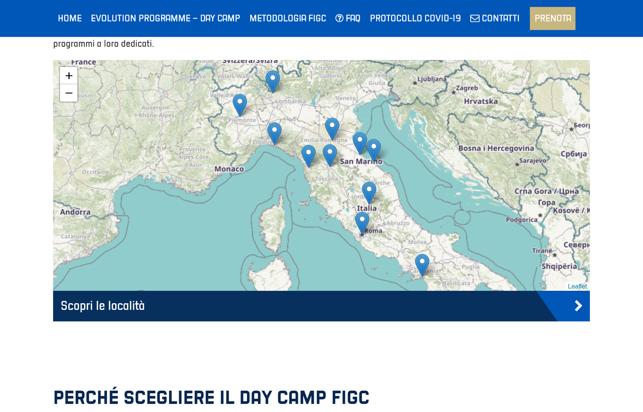 La mappa che visualizza i Centri Estivi FIGC