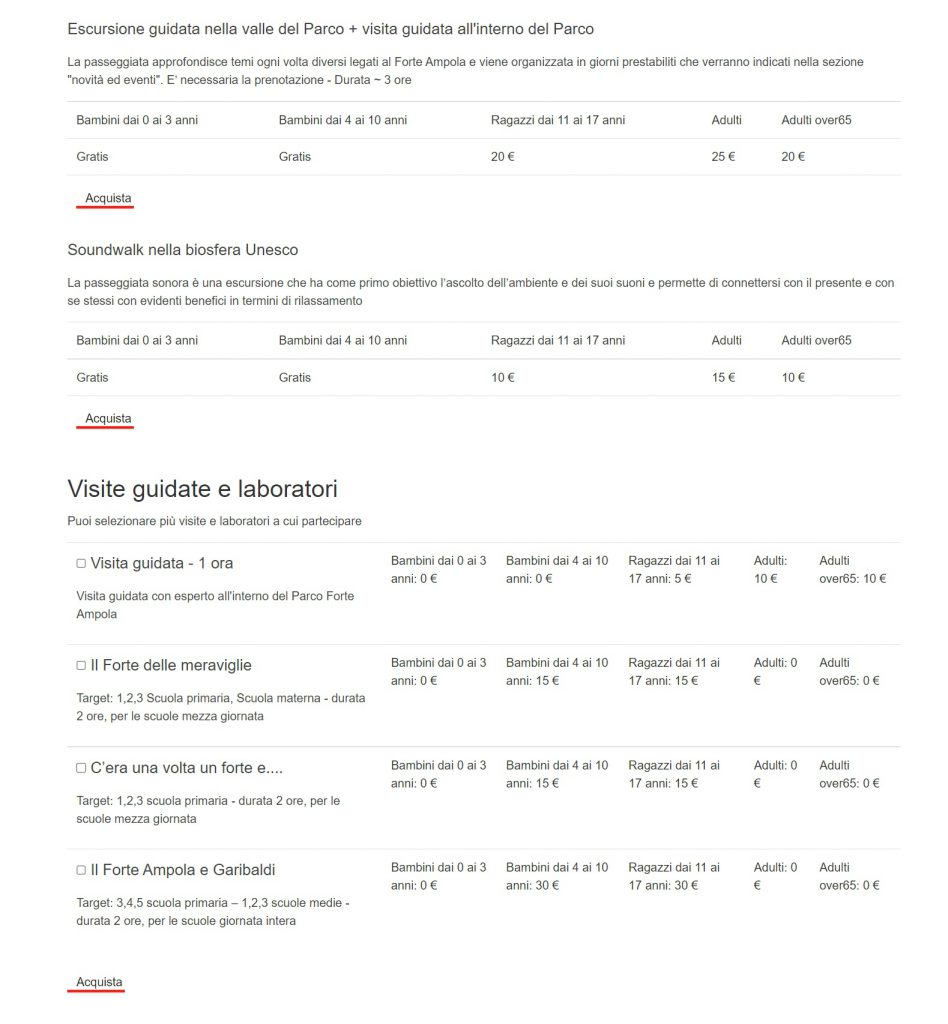 La scelta dei biglietti sul sito web del Parco Forte Ampola