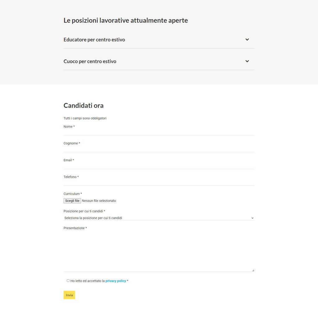 La pagina per candidarsi a posizioni lavorative sul sito