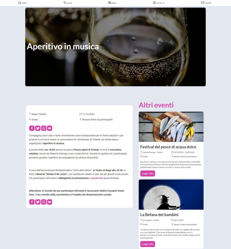 La pagina del singolo evento del sito web di CENTO