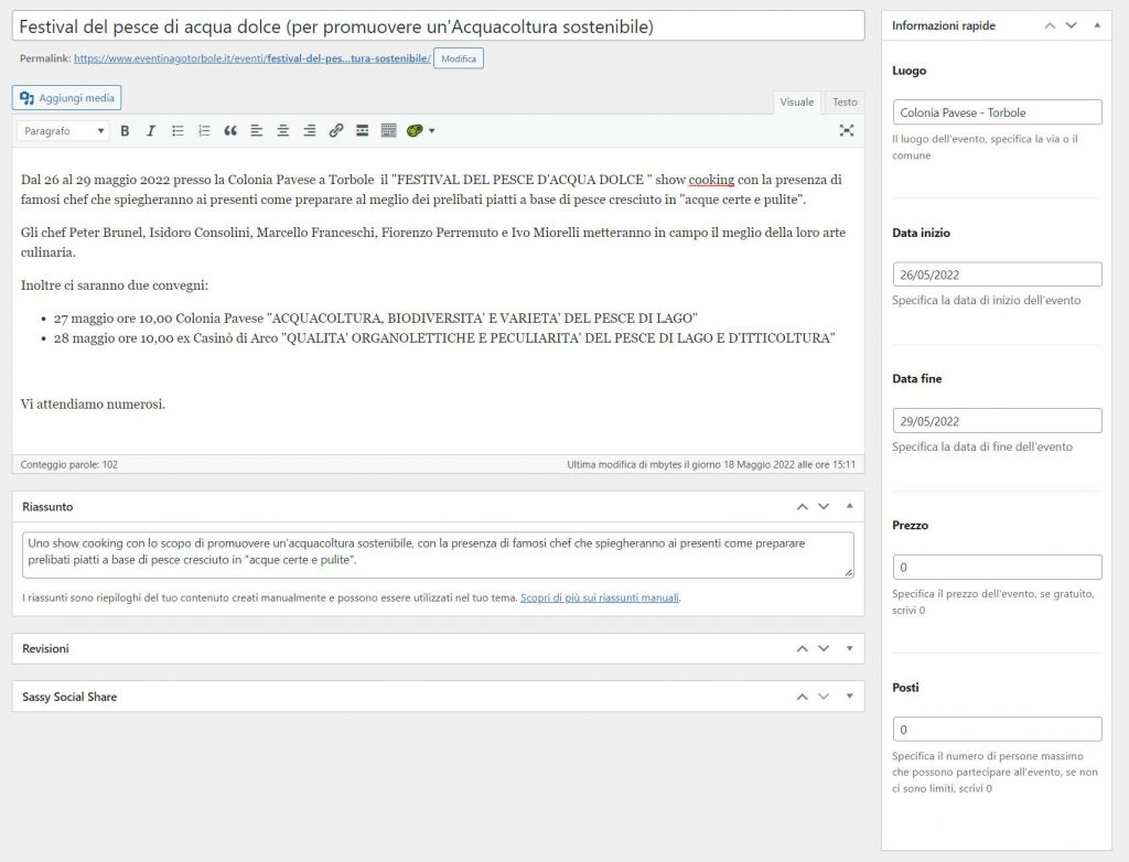 Il pannello di gestione degli eventi del sito CENTO