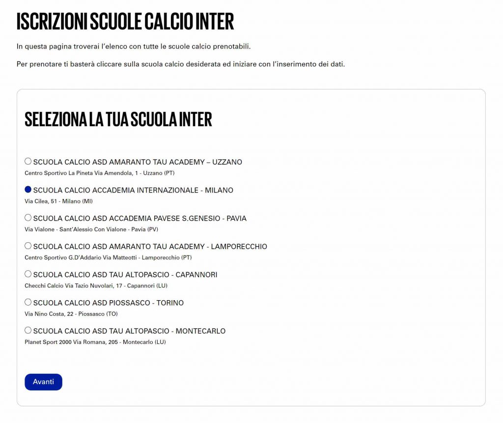 il processo d'iscrizione del sito Scuola Calcio Inter