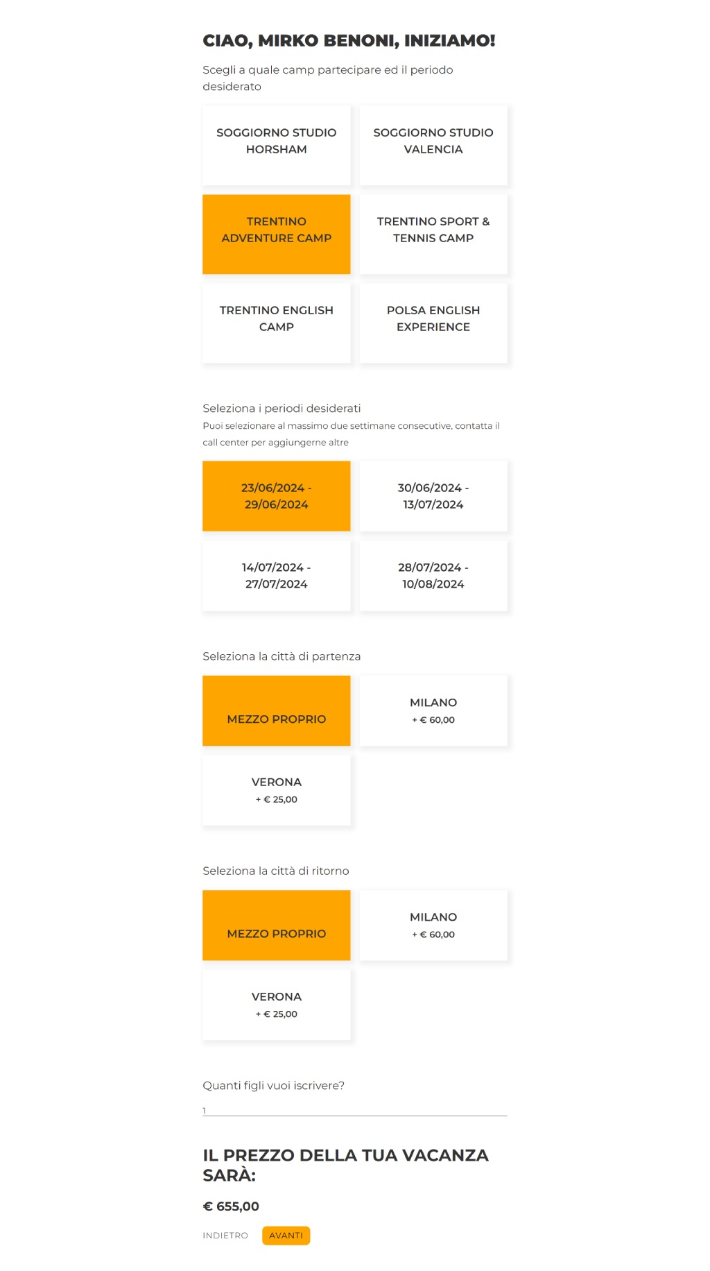 Uno step del processo d'iscrizione sviluppato per il sito web